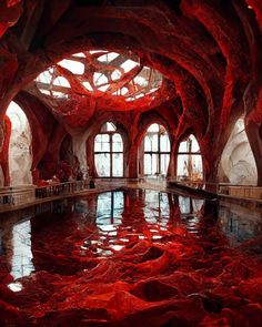 the inside of a building with red water