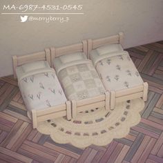 three twin beds sitting next to each other on the floor