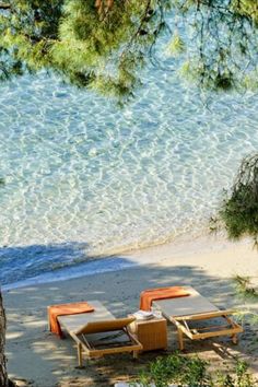 two lounge chairs sitting on top of a sandy beach next to the ocean and pine trees