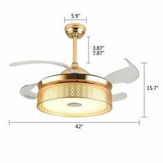 a ceiling fan with a light on it and measurements for the blades in front of it