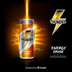 an energy drink can with the thunder logo on it and lightning stickers around it