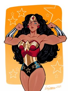 a drawing of wonder woman with stars on her chest and arms behind her head,