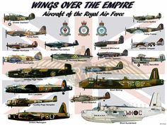 an image of airplanes that are in the air with words above them saying wings over the empire aircraft of the royal air force