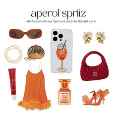 an advertisement for a women's perfume, sunglasses and handbag with the caption aperol spritz she knows it's not so spicy and she doesn't care