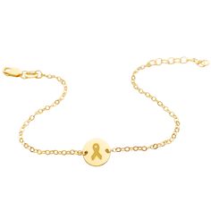 Our Childhood Cancer Awareness Bracelet was created to acknowledge and support the members of our community that have been affected by childhood cancer.  
available in gold vermeil (sterling silver base with 100+ mls of 24k gold) and sterling silver
charm is 3/8" in diameter
diamond cut chain with 1" extender, overall length of bracelet is 6.5" - 7.5" 
For the month of September, 20% of net proceeds will go towards MaxLove Project's initiatives. To learn more about the MaxLove Project please visit maxloveproject.org. Tiny Tags, Awareness Bracelet, Gold Charm, Sterling Silver Charm, Diamond Cut, Silver Charms, Gold Vermeil, Personalized Jewelry, Laser Engraving