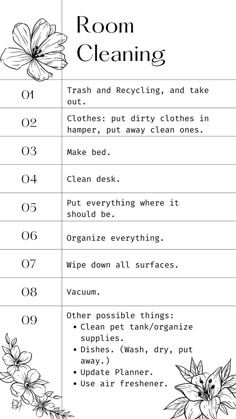 room cleaning checklist with flowers in black and white on the bottom right hand corner