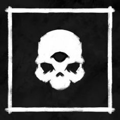 a white skull in a square on a black background