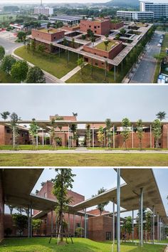 two pictures of the same building, one with grass on top and another with trees in front