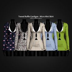 four different colored dresses are shown in this image, with the words tweed ruffled cardigan micro mini skirt