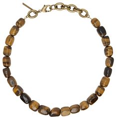 Beaded tiger eye stone necklace in tones of brown. · Logo plaque at adjustable lobster-clasp fastening · Antiqued gold-tone brass hardware · L21 Supplier color: Tiger eye Dries Van Noten Jewelry, Beaded Tiger, Brown Tiger, Brown Tiger Eye, Brown Logo, Tigers Eye Necklace, Tiger Eye Stone, Eye Stone, Accessories Jewelry Necklace