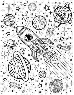 a space shuttle flying through the sky with stars and planets around it in black and white