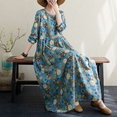 Women's Vintage Floral Dress A Line Crew Neck Cotton Linen Holiday Vacation Ethnic Dress Folk Style Long Sleeve Floral Print Dress, Folk Style Long-sleeved Floral Print Dress, Spring Folk Style Floral Print Maxi Dress, Folk Style Floral Print Maxi Dress For Spring, Casual Blue Boho Dress For Fall, Spring Folk Style Dress With Boho Print, Spring Folk Dress With Boho Print, Bohemian Maxi Dress For Fall With Relaxed Fit, Casual Printed Free Size Dresses