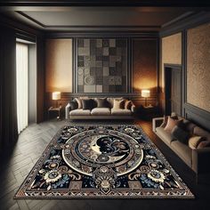 a living room with a large rug on the floor