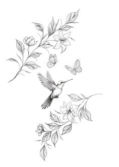 a drawing of a hummingbird flying through the air with leaves and butterflies around it