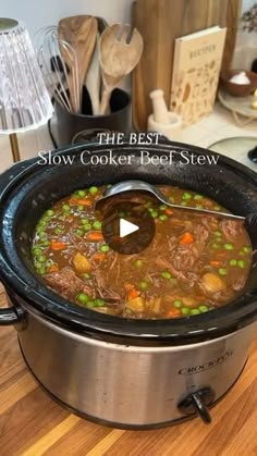 the best slow cooker beef stew recipe is in its crock pot and ready to be eaten