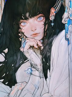 a drawing of a woman with black hair and blue eyes sitting in front of a mirror