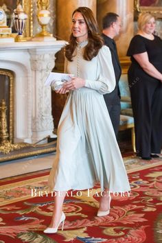 Kate Middleton Mint Bishop Sleeve 2019 Reception Dress Inspiration Images Anniversary Reception, Kate Middleton Dress, Tea Length Skirt, Inspiration Images, Fashion Leaders, Princess Catherine, Evening Dresses With Sleeves, Formal Gown, Bishop Sleeve