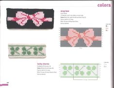 cross stitch book with instructions and pictures on the page, including two bow - tie hair clips