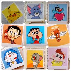 cartoon characters are shown on different colored cards