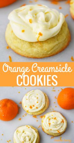 orange creamsice cookies with white frosting on top and an orange in the background