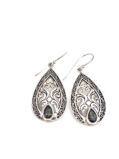 "Intricately detailed sterling silver Bali teardrop earrings with a pear-shaped semi-precious stone at the bottom measures 1 3/4\" in length from the top of the ear wire and 5/8\" in width at its widest point. The pear-shaped stone measures 1/8\" in width and 3/16\" in length. Earrings are rhodium plated over sterling silver so as to prevent tarnishing." Sterling Silver Teardrop Earrings With Intricate Design, Sterling Silver Intricate Teardrop Earrings, Sterling Silver Filigree Teardrop Earrings, Ornate Sterling Silver Teardrop Earrings, Silver Gemstone Teardrop Earrings, Ornate Teardrop Earrings As Gift, Ornate Teardrop Pearl Drop Earrings, Pierced Pear-shaped Teardrop Earrings, Bali Earrings