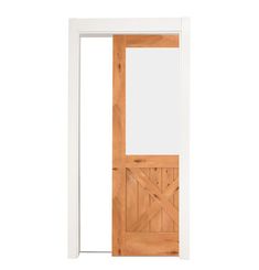 an open wooden door with white frame and wood paneling on the outside side, against a white background