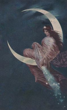 a painting of a woman sitting on top of a moon with her hair blowing in the wind