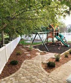 a backyard with a swing set and landscaping