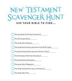 the new testament scavenger hunt is shown in blue and white, with an image of