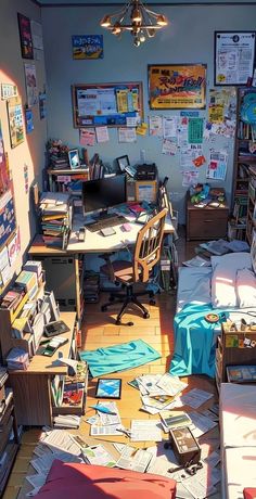 a messy room with lots of clutter on the floor and desks full of books