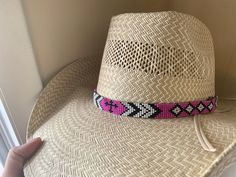 "5/8\" wide All bead work is beaded with 10lb extreme braided nylon line. All hat bands are finished at 23\" with glued than sewed down leather ends and an adjustable leather tie." Adjustable Braided Hat Bands For Rodeo, Traditional Adjustable Handwoven Hat Bands, Custom Adjustable Hat Bands For Festivals, Custom Adjustable Summer Hat Bands, Handmade Adjustable Hat Bands For Rodeo, Adjustable Beaded Hat Bands For Rodeo, Adjustable Artisan Hat Bands For Ranch, Adjustable Handwoven Hat Bands For Rodeo, Adjustable Beaded Hat Bands For Country Events