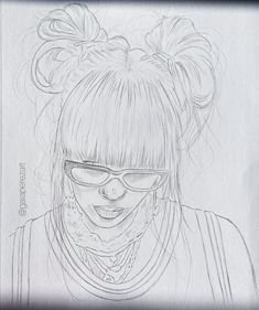 a pencil drawing of a girl with glasses and buns in her hair, wearing sunglasses