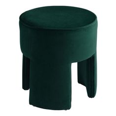 a green stool with two legs and a foot rest on it's side, in front of a white background