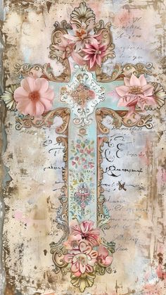 a painting of a cross with flowers on the top and bottom, in pastel colors