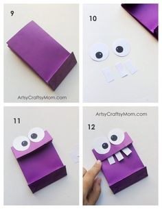 instructions to make an origami bag with eyes and googly eyes on it