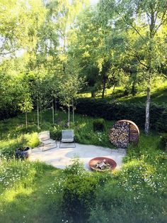 an aerial view of a patio and fire pit in the middle of a grassy area