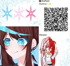 an anime character with blue eyes and red hair is next to a qr code