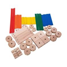 wooden pegs and colored sticks on a white background