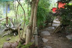 there is a stone path in the garden