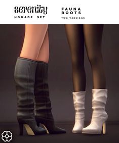 two women's high heeled boots with white and black leather on the toes