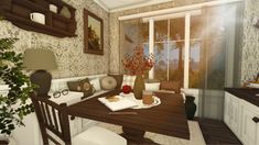 roblox bloxburg fall autumn house dining room kitchen idea Bloxburg Island Kitchen, Cozy Autumn Bloxburg House, Christmas Bloxburg Kitchen Ideas, Bloxburg Fall Bathroom Ideas, Bloxburg Fall Dining Room, Cottage Kitchen Bloxburg, Bloxburg Dining Ideas, Bloxburg Fall Mansion