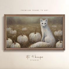 a painting of a white fox sitting on top of a field of pumpkins with the words premium frame tv art above it