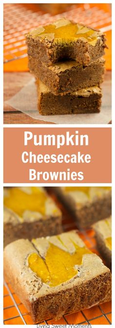 pumpkin cheesecake brownies are stacked on top of each other and ready to be eaten