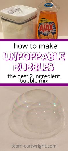 Text: How To Make Unpoppable Bubbles the best 2 ingredient bubble mix
Top Picture: Cannister of sugar and orange dish soap
Bottom Picture: a bubble inside another bubble No Pop Bubbles Recipe, Glycerin Bubble Recipe, Magic Unpoppable Bubbles, Super Bubbles Recipe Homemade, Fun Pre K Crafts, Bubble Solution Recipe Diy, Diy At Home Games For Kids, Stream Activities For Kindergarten, Magic Bubbles Recipe