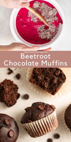 chocolate muffins with beetroot on top and in the background, there is a hand holding a cupcake