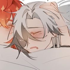 an anime character sleeping in bed with his head on the back of another person's shoulder