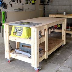 a workbench with tools on it in a garage