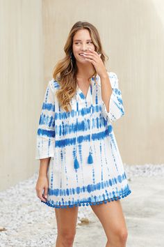 A cover up that can take you from cabana to cocktails! Shop NOW TRENDING Tie Dye style! ✨ #mudpiegift #tiedye #trendalert #springfashiontrends #coverup #swimcoverup #beachoutfit #springfashion #summerfashion Blush Tie, Blue Door