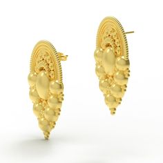 These earrings are among the most iconic Etruscan designs, and are based on several examples in Rome dating to the seventh century BC. Here, the rounded disk shape at the top is framed with a ribbed border, while the center and bottom edges are filled with cascading golden droplets of varying sizes. Our earrings may be ordered with a post back, or as a set of clip-on earrings. Please indicate your choice in the Special Instructions area of this page. Larentia was an ancient Roman goddess of fert Luxury Round Earrings For Ceremonial Occasions, Elegant Yellow Gold Medallion Earrings, Traditional Oval Yellow Gold Earrings, Byzantine Yellow Gold Ceremonial Earrings, Elegant Gold Semi-circle Earrings, Elegant Medallion Earrings For Gift, Ceremonial Yellow Gold Round Earrings, Elegant Semi-circle Earrings, Elegant Semi-circle Pierced Earrings