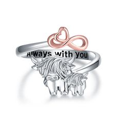 PRICES MAY VARY. Design: This ring is inspired by a highland cow. Highland cows are powerful symbols of Fertility、Nurturing、Understanding、Commitment and Gentleness. Mother-child highland cow ring: The highland cow mother-child ring is engraved meaningful message "Always with you". The heart infinity symbol represents the love between mother and child is eternal. Ideal gift for your loved one. Perfect Jewelry Gift: Perfect gift for wife, daughters, sister, friends, granddaughter, or mother on valentine's day, mother's day, anniversary, birthday, or Christmas. Material: The highland cow ring is made of 925 sterling silver. Does not contain any allergic element, and is lead-free, nickel-free, cadmium-free, and hypoallergenic. Size: The size of the highland cow ring is size US 8#, The size can Mother's Day Sterling Silver Rings As Gift, Personalized Novelty Jewelry For Mother's Day, Novelty Jewelry For Mother's Day Gift, Novelty Jewelry Gift For Mother's Day, Novelty Jewelry For Birthday And Mother's Day, Whimsical Silver Rings For Gifts, Silver Whimsical Rings For Gifts, Friendship Sterling Silver Ring, Whimsical Silver Rings For Gift